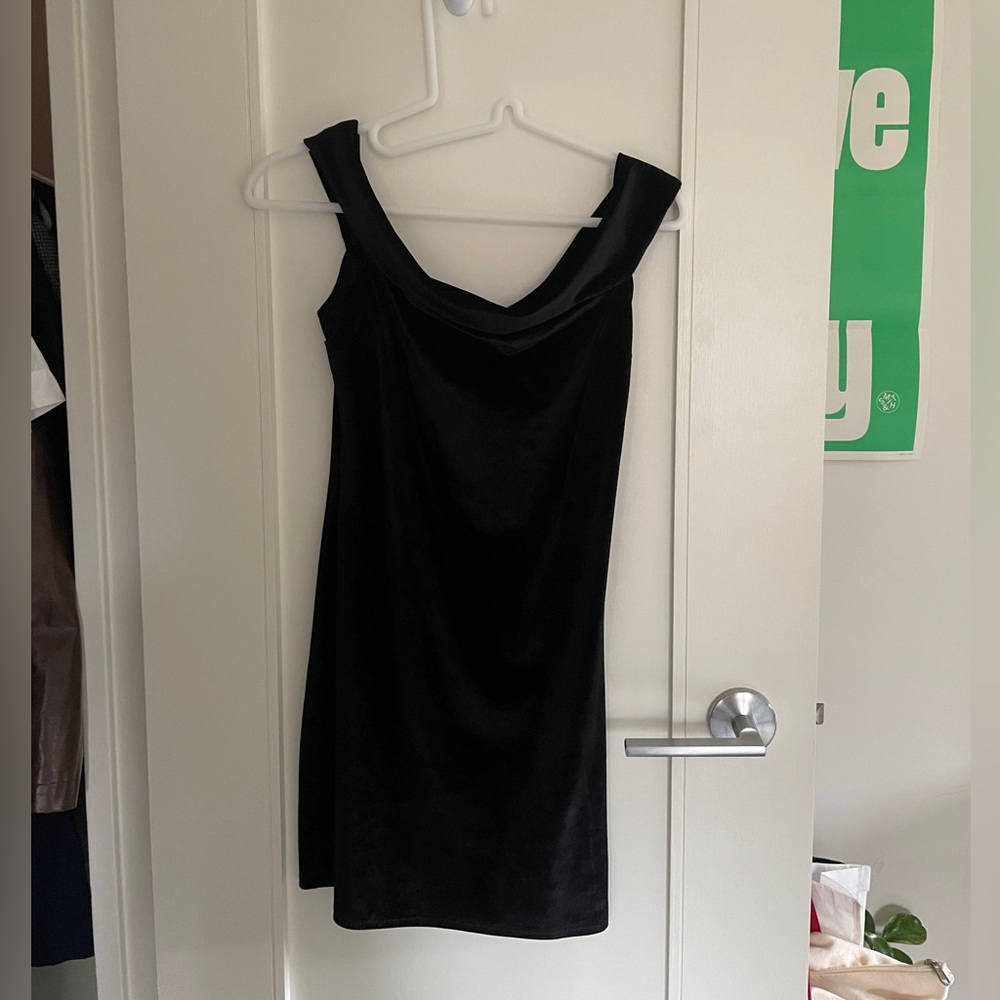 Black velvet off the shoulder mini dress
